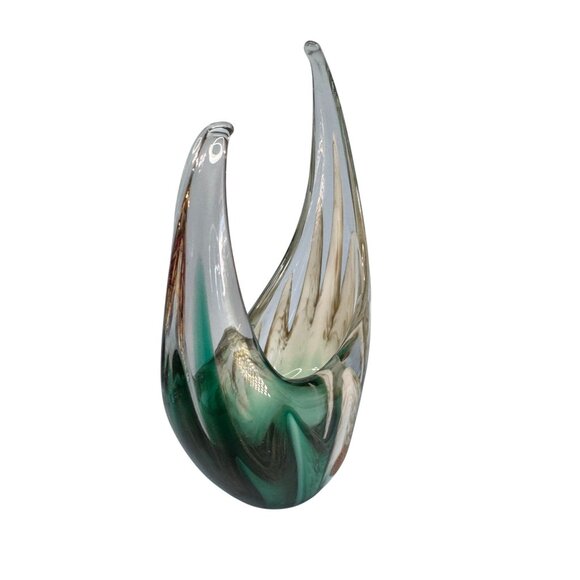 Murano Sommerso Art Glass Centerpiece Bowl Green White Glass 9.5x6.5 Inches - Picture 3 of 7